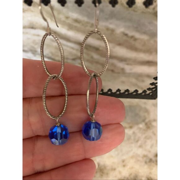 Sterling Silver Drop Earrings with Blue Crystal #Earrings #blue earrings - Picture 2 of 4